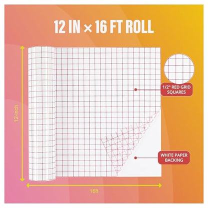 Clear Transfer Tape for Vinyl, Red Alignment Grid Transfer Paper for Wall, Window, Crafts and Decals, Medium Tack Vinyl Transfer Tape for Permanent Adhesive Vinyl Sheets (12 x 16 FT)