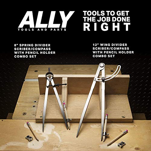 ALLY Tools 8 Inch Precision Locking Spring Divider/Woodworking Compass with Pencil Holder INCLUDES Two Pencils and Pencil Sharpener Ideal for Drawing, Drafting, Carpentry