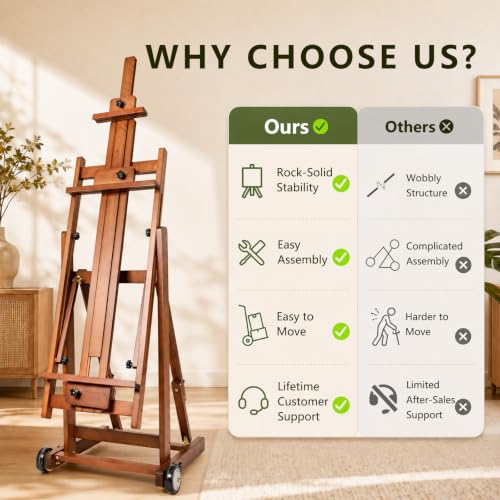 DJAR Large H-Frame Painting Easel for Adults, Solid Beech Wood, Walnut | Movable & Tilting Flat Floor Stand, Holds Canvases up to 78", Adjustable Heavy Duty Studio Art Easel for Artists - style: Walnut H-Frame Easel