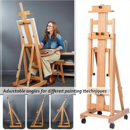Art Easel for Painting, H-Frame Standing Studio Painting Easel | Tilting Flat Adjustable with Wheels for Adults Artist, Can Holds 2 Canvases