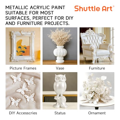 Shuttle Art Metallic Pearl White Acrylic Paint, 8.45 oz (250 ml) Pearlescent Acrylic Paint With Brush, Non Toxic, Non Fading Shimmer White Paint for Crafts, Metal, Wood, Clay, Ceramic, Canvas, Furniture - color: Pearl White, size: 8.45 Fl Oz (Pack of 1)