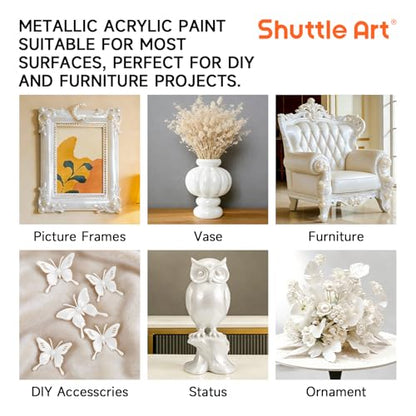 Shuttle Art Metallic Pearl White Acrylic Paint, 8.45 oz (250 ml) Pearlescent Acrylic Paint With Brush, Non Toxic, Non Fading Shimmer White Paint for Crafts, Metal, Wood, Clay, Ceramic, Canvas, Furniture - color: Pearl White, size: 8.45 Fl Oz (Pack of 1)