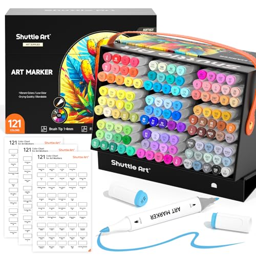 Shuttle Art Brush Tip Alcohol Markers, Dual Tip Brush & Fine Tip Art Marker Set, 121 Colors Marker Pens with Organized Case Perfect for Illustration Kids Students Adults Coloring Sketching - color: 121 Colors