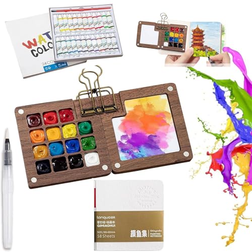 Mini Travel Watercolor Set – 24 Colors Wooden Palette Kit with Magnetic Lid, Water Brush, Sketchbook & Clips – Portable Pocket Painting Set for Artists & Hobbyists(Walnut-15 Grids) - color: Walnut-15 Grids