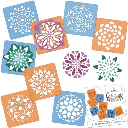 NAKLEO Painting Stencils for Kids, 8 Pcs Set 6x6” Mandals Rangoli, Children Creative Drawing Templates Plastic and Reusable, DIY Decoration Arts and Crafts, Paper Wall Wood Fabric | Creative Drawing Stencils, Plastic Reusable Painting Stencil DIY Crafts,