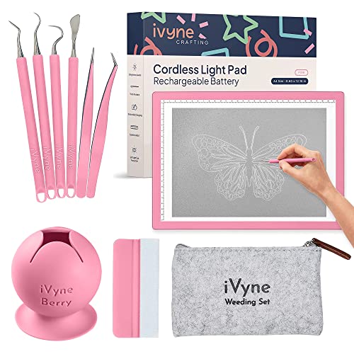 iVyne Complete Set Rechargeable A4 Light Pad, Weeding Tools for Vinyl, Weeding Scrap Collector for Cricut and Silhouette Machines for Weeding, Tracing, Drawing Projects - Pink - color: Pink, size: Rechargeable - Deluxe
