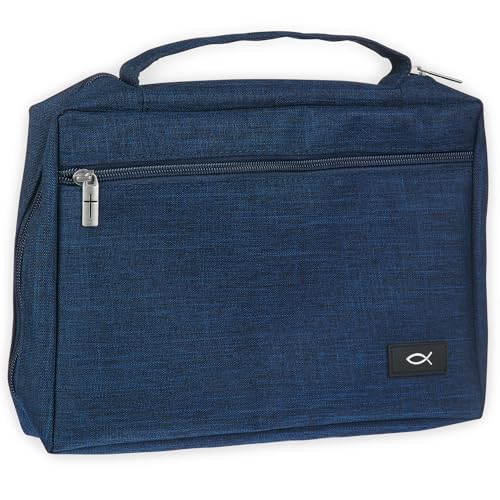 Christian Art Gifts Polyester Bible Cover for Men & Women w/Jesus Fish Patch, Zipper Pocket, Pen Loops, Easy Carry Book Case for Stationery, Accessories, Navy Blue, Small - color: Navy Blue/Jesus Fish, size: Small