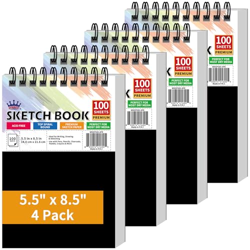 WINNER 5.5" x 8.5" Sketch Book, 400 Sheets Top Spiral Bound Sketch Pad, 68lb/100gsm White Acid Free Drawing Paper, Art Supplies for Kids Adult Beginners Artists, 4 Pack - color: Black, size: 5.5"X8.5"