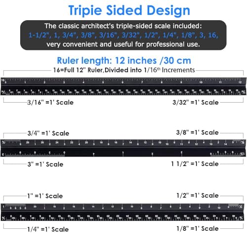 Architectural Scale Ruler 12 Inch, Aluminum Triangular Drafting Ruler | Laser-etched imperial scales for blueprints, floor plans, drafting, engineering and construction drawings.