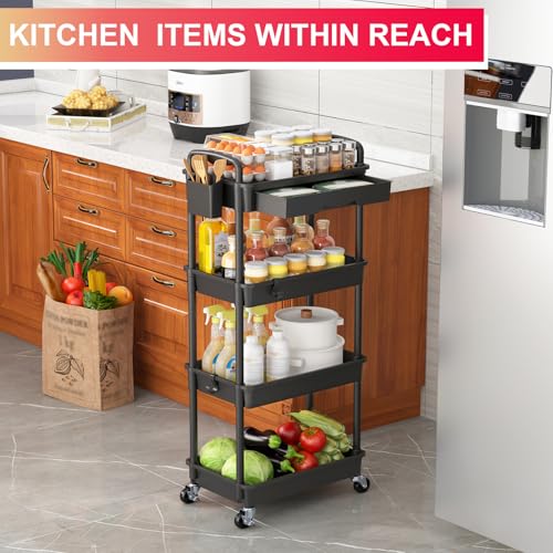Goovilla 4 Tier Rolling Utility Cart Organizer with Removable Drawer, Black | Stable and Sturdy Rolling Storage Carts with 2 Lockable Wheels for Bathroom, Kitchen, Snack, Craft, Makeup, Baby Essentials - size: 4 Tier, style: Black