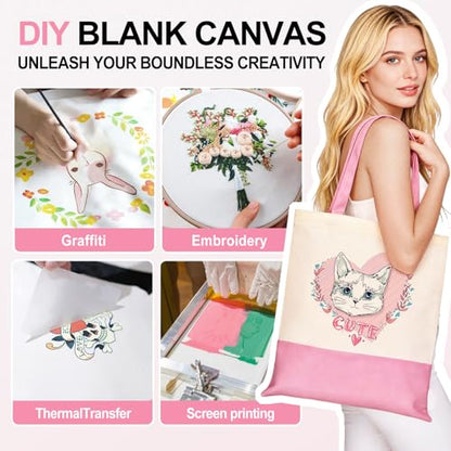 Canvas Tote Bag with Zipper for Women, Halloween Trick or Treat Bags Bulk | 13.8" x 15.3" Fashionable Two-Tone Cotton Tote Bag for Crafts, DIY Your Creative Designs - color: [A2] Beige / Pink
