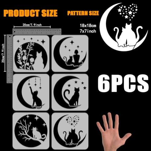 FINGERINSPIRE 6 PCS Moon Cat Painting Stencil 7.8x7.8inch Reusable Cat Silhouette Template Stencils Flower Girl Stars Stencil Cats Pattern Animal Theme Template for Painting on Wood Wall - color: 6PCS Moon Cat