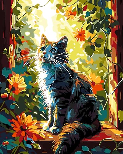 ZTOTZ Cat Paint by Numbers Kit for Adults,Animal Cat Paint by Number Kit Canvas, DIY Window Flower Paint by Numbers Easy for Living Room Decor Gift 16x20 Inch - color: A-002-window cat
