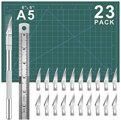 DIYSELF 23 Pack Exacto Knife Set, Hobby Knife Kit for Art, Scrapbooking | Exacto Knife Set with 20 Hobby Knife Precision Blades for Art, Scrapbooking, Stencil, 8" x 6" Cutting Mat for Crafts - color: Green