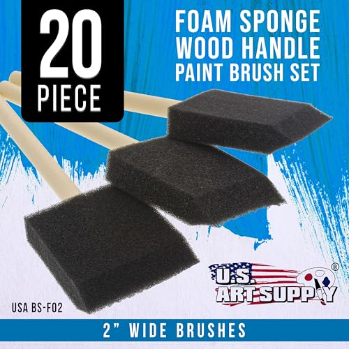 US Art Supply 2 inch Foam Sponge Wood Handle Paint Brush Set (Value Pack of 20) - Lightweight, Durable and Great for Acrylics, Stains, Varnishes, Crafts, Art