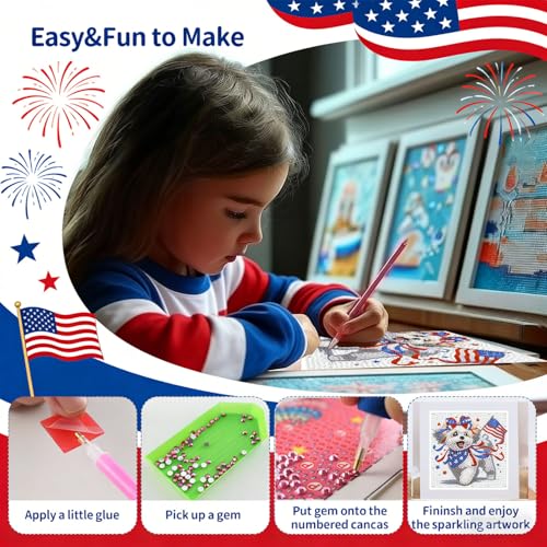Gemozaic 4th of July Patriotic Dog Diamond Art Kit for Kids 8-12 with Frame, Cute Independence Day Puppy Diamond Art Painting, DIY Animal with American Flag Arts and Crafts Kit, 7 x 7 Inch - color: CC1076