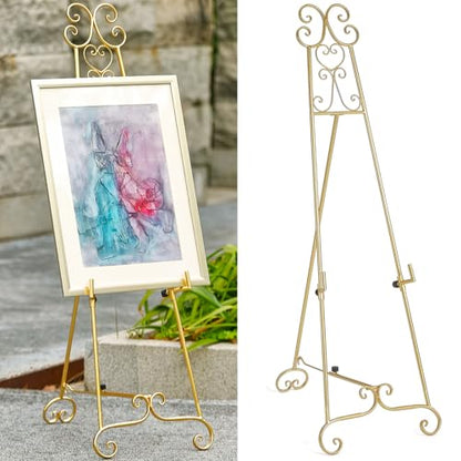 Metal Large Free Standing Adjustable Display Stand Scroll Easel with Chain Support, Gold Easel Stand for Sign, Heavy Duty Easel for Mirror, Wedding, Picture Frame (No Installation Required) - style: Scroll-Gold
