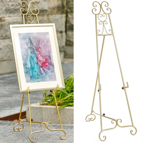 Metal Large Free Standing Adjustable Display Stand Scroll Easel with Chain Support, Gold Easel Stand for Sign, Heavy Duty Easel for Mirror, Wedding, Picture Frame (No Installation Required) - style: Scroll-Gold