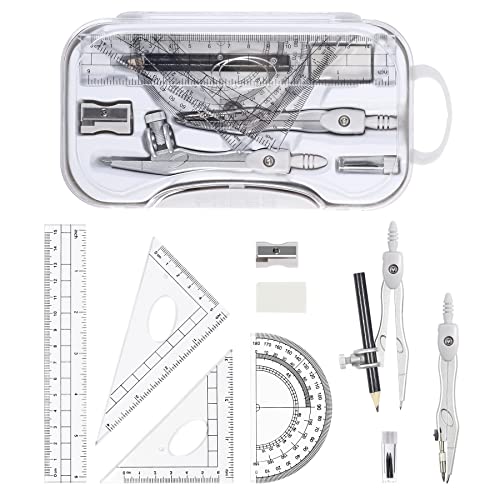 Vobou 10 pcs Math Geometry Set Student Supplies,Compass Kit Set (Grey） | Shatterproof Storage Box,Rulers,Protractor,Compass,Eraser,Pencil Sharpener,Lead Refills,Pencil,for School and Drawing - color: White