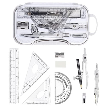 Vobou 10 pcs Math Geometry Set Student Supplies,Compass Kit Set (Grey） | Shatterproof Storage Box,Rulers,Protractor,Compass,Eraser,Pencil Sharpener,Lead Refills,Pencil,for School and Drawing - color: White
