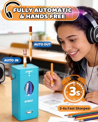 AFMAT Electric Pencil Sharpener, Fully Automatic Pencil Sharpener for 6-12mm No.2/Jumbo Pencils, Auto in & Out, 5 Sharpness Modes, Rechargeable Heavy Duty Sharpeners for Classroom/Home/Office PSC7 - color: Cyan