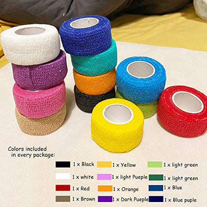 12 Pack Self Adhesive Bandage Wrap, 1" x 5 Yards, Cohesive Athletic Tape | Athletic Elastic Cohesive Bandage for Sports Injury,Strain,Knee & Wrist,Ankle Sprains & Swelling First Aid - size: 1x180 Inch (Pack of 12)