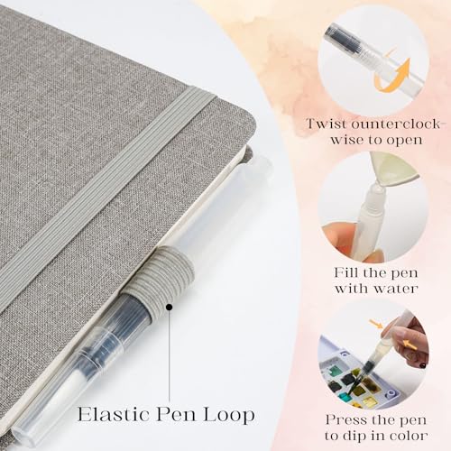 Watercolor Journal Sketchbook 3.5x5.5 24 Sheets Gray | Cotton paper, 140 LB 300 GSM, Linen cover, Tap Water Pen, Travel sketching - color: Gray, size: 3.5x 5.5 Inch