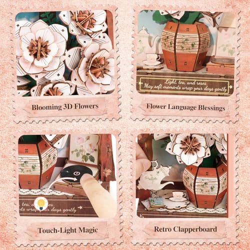 3D Puzzles for Adults Pink Roses Wooden Bloom Craft with LED Light - color: Pink Roses
