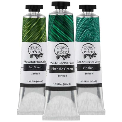 Tusc & Pine Artist Oil Paint - Greens, Set of 3 40 ml, Non-Yellowing, Rich & Creamy Consistency, Maximum Pigment Load, Small Batch Milled Oil Paints Made in the USA for Professional Artists - color: Greens, size: 40 ml (Set of 3)