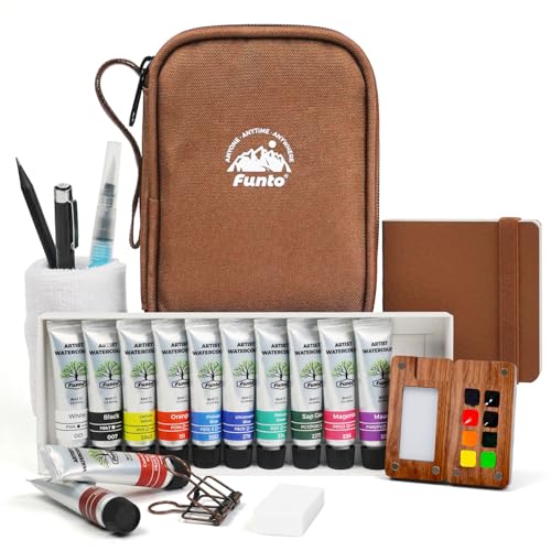 Funto Travel Watercolor Paint Set, All-in-One Premium Walnut Wood 8-Grid Mini Watercolor Travel Kit with 12-Color Refills, Crossbody Bag, Water Brush, Drawing Pencil & Sketchbook, ideal for Quick Sketching, Beginners & Art Lovers - color: 8-Wood