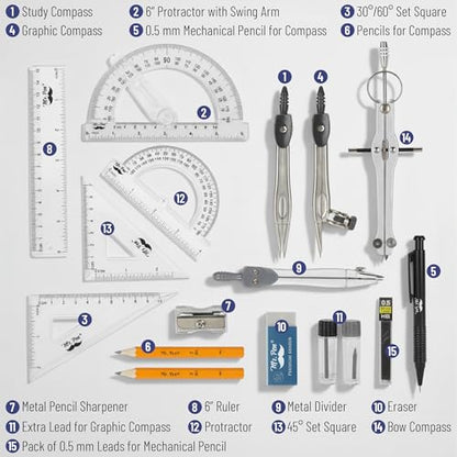 Mr. Pen- Geometry Set, 15 Piece Set with 6 Inch Swing Arm Protractor - color: Classic Slate