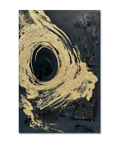 Art Hand-Painted Black and Gold Abstract Texture Oil Painting Modern Canvas Wall Art Deco 45x30 inches - color: Yi092