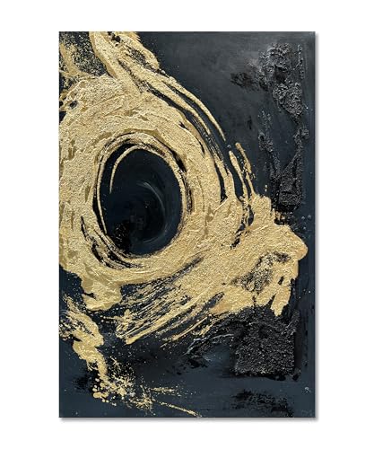 Art Hand-Painted Black and Gold Abstract Texture Oil Painting Modern Canvas Wall Art Deco 45x30 inches - color: Yi092