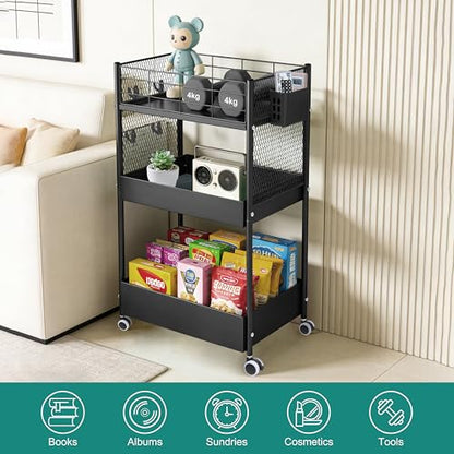 3 Tier Rolling Storage Cart Metal Utility Cart with Wheels | Office Organizer with Hooks & Hanging Cups, Mobile Shelving Unit for Kitchen Nursery Craft Snack Book - color: Matte Black