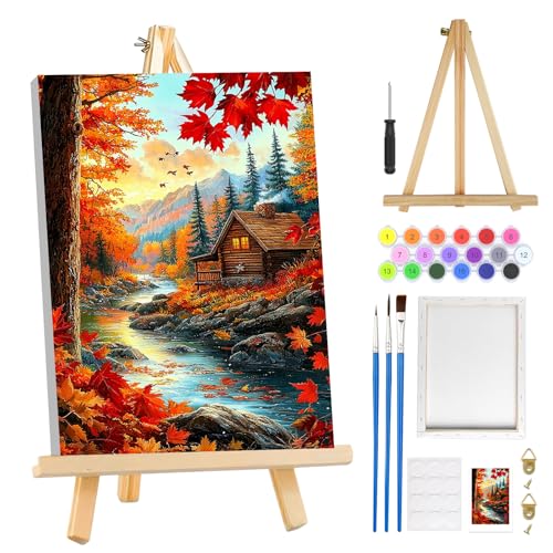 MOGTAA Fall Landscape Paint by Numbers Kit for Adults Beginners with Frame, Adult Paint by Number Kits on Canvas with Easel, Easy DIY Oil Painting Kits for Home Decor, 8x12in - color: Fall Landscape