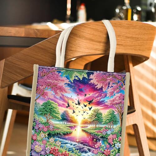 JZHYOAN Landscape DIY Diamond Painting Canvas Tote Bags Package Portable Reusage Handmade Shopping Storage Package DIY Diamond Art Tote Bag Kit Gem ArtTote Bags with Diamonds for Adult Family