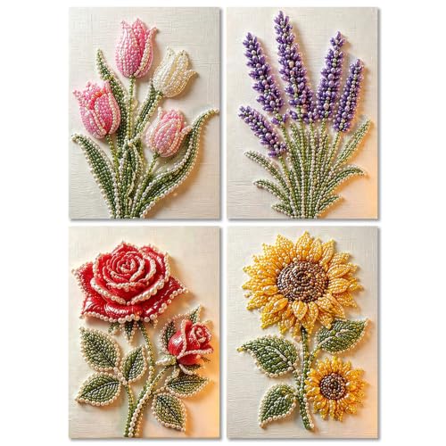 Muzagroo Art Pearl Art Kits for Adults DIY Flowers Diamond Art Kits Arts and Crafts for Beginners Diamond Dot Kits Gem Painting 4PCS Pearl Art Flowers 30x40cm - color: 18-Pearl Flowers