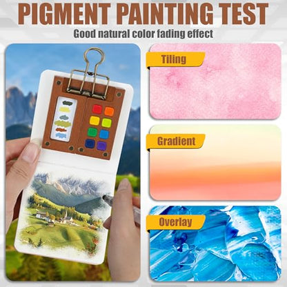 Mini Watercolor Travel Set – New Paint Palette Travel Kit, Upgrade 2026 Portable Pocket Artist Water Colours Box with 8-Grid with Picture Book, Wooden Binder, Brush, Clips, Pens for Painters Students