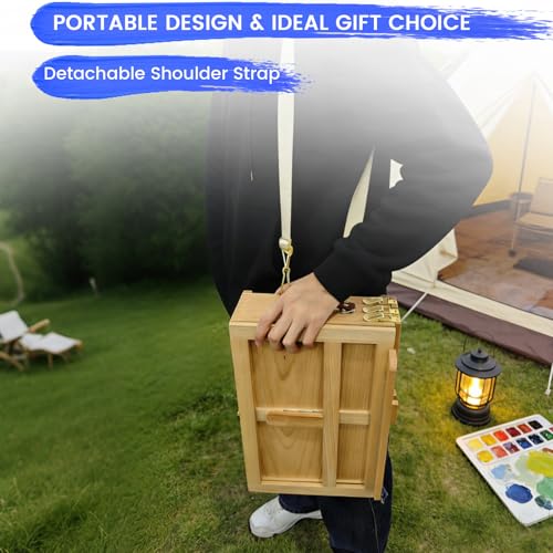 Tabletop Easel for painting with Storage, Wooden Artist Box Easel with 3 Drawers, Adjustable Desk Easel for Painting, Beechwood Art Supply Organizer with Handle & Strap for Adults Artists (Beech Wood)