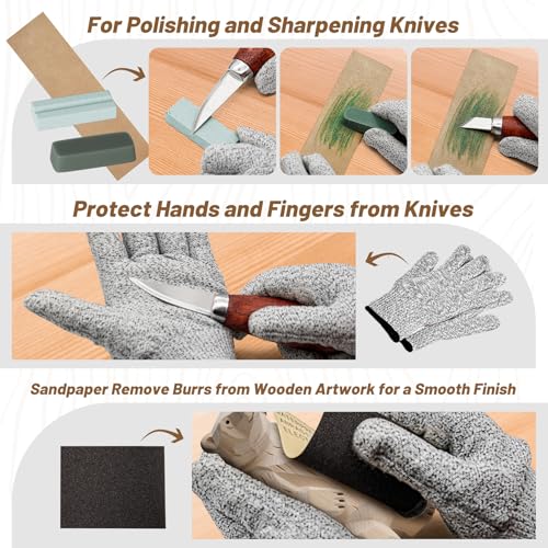 Wood Carving Kit, Wood Carving Tools Set with Carving Knives Detail Knives Basswood Blocks Gloves Polishing Compound Coloring Set, Wood Whittling Kit for Beginners DIY Hobbies for Adults