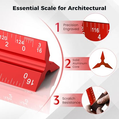 Rena Chris Architectural Scale Ruler: 12" Imperial Aluminum Alloy Metal Architecture Measuring Tools, Engineering Drafting Construction Drawing Blueprints Triangular Architect Scaling Rulers 12 Inches - color: Red