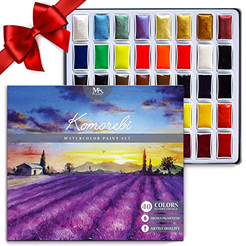 MozArt Japanese Watercolor Paint Set – 40 Colors Metallic & Neon Kit | Artist-Quality Watercolor Kit – 40 Rich Colors with Metallic & Neon – Blending, Layering & Mixed Media Art Supplies Adults - color: Watercolor 40 set