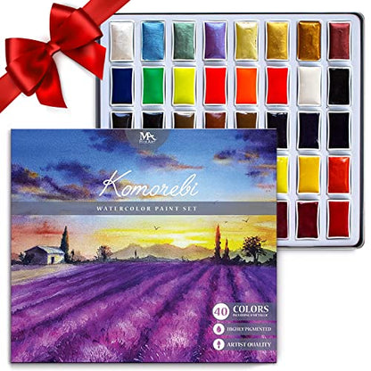 MozArt Japanese Watercolor Paint Set – 40 Colors Metallic & Neon Kit - color: Watercolor 40 set