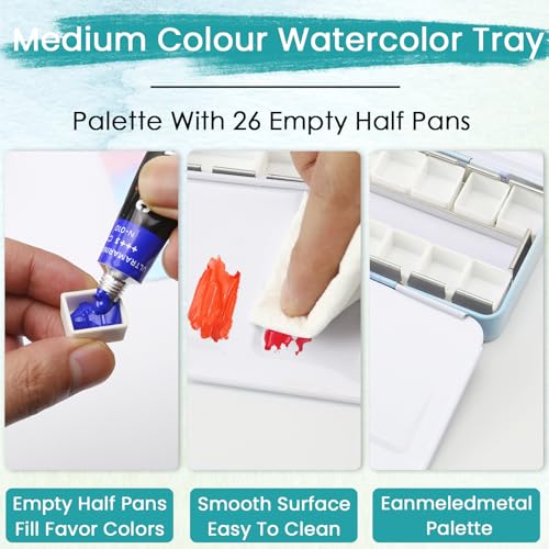 Empty Watercolor Palette Tin with 24 Half Pans, Metal Paint Tray and Mixing Wells, Customizable Travel Watercolor Palette for Plein Air, Studio, and Artists