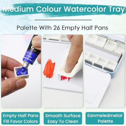 Empty Watercolor Palette Tin with 24 Half Pans, Metal Paint Tray and Mixing Wells, Customizable Travel Watercolor Palette for Plein Air, Studio, and Artists