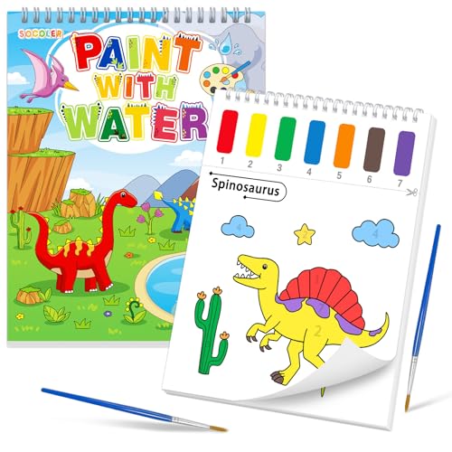SOCOLER Paint with Water Coloring Books for Toddlers, Watercolor Painting Books for Kids Water Color Paint Kit Art Craft Birthday Gift for Ages 1-3, 4-8 (Dinosaurs) - color: Dinosaurs