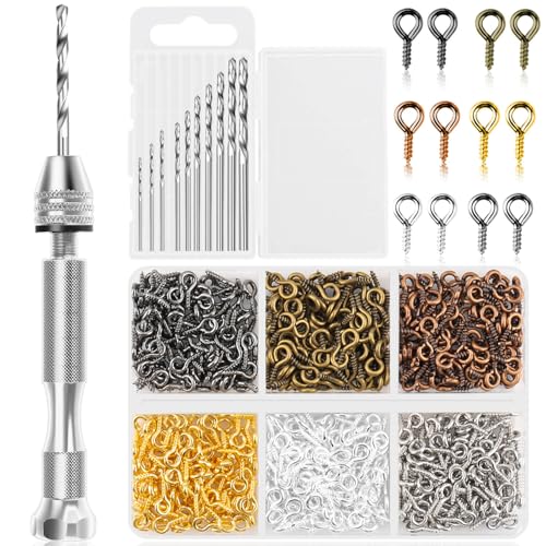 Pin Vise Hand Drill Set, Manual Hand Drill with 600PCS Small Screw Eye Hooks and 10 Different Sizes Drill Bits for Keychain, Jewelry Making and Crafts - color: 6 Colors