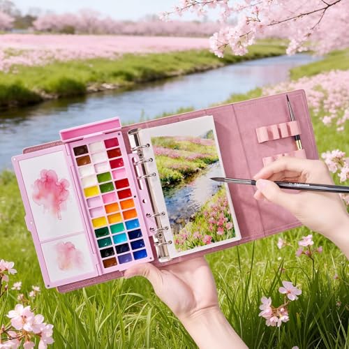 Travel Watercolor Sketchbook Set - 100% Cotton Cold Press 6.7x3.9 Inch Binder Art Journal with 36-Well Ceramic Paint Palette & 2 Travel Watercolor Brushes for Artists Outdoor Painting - color: Pink
