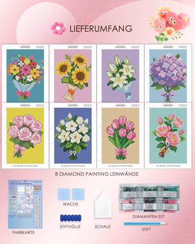 forever young Bouquet Small Diamond Art Kits, 5x7 Inch Canvas | 8 PCS DIY square diamond painting kits for beginners and adults, perfect for collecting, display ＆ relaxing stress relief - color: Bouquet