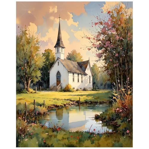 Country Church Landscape Paint by Numbers Kit for Adults - DIY Chapel Scene Painting on Canvas 16x20In, Acrylic Paint Set, Suitable for Beginners, Art for Home Decoration or Gifts - color: HSX03161, size: 16X20IN Folded